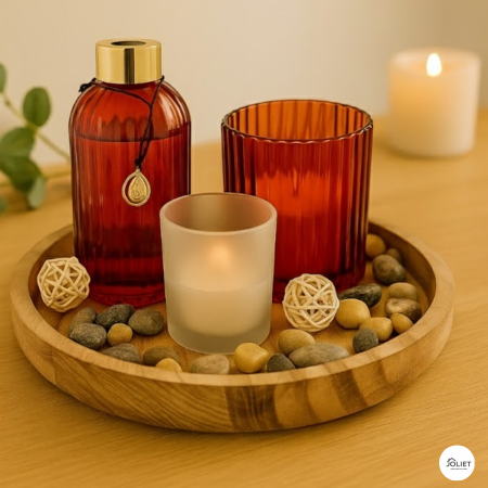 طقم قاعدة خشب مع معطر وشموع - رمان